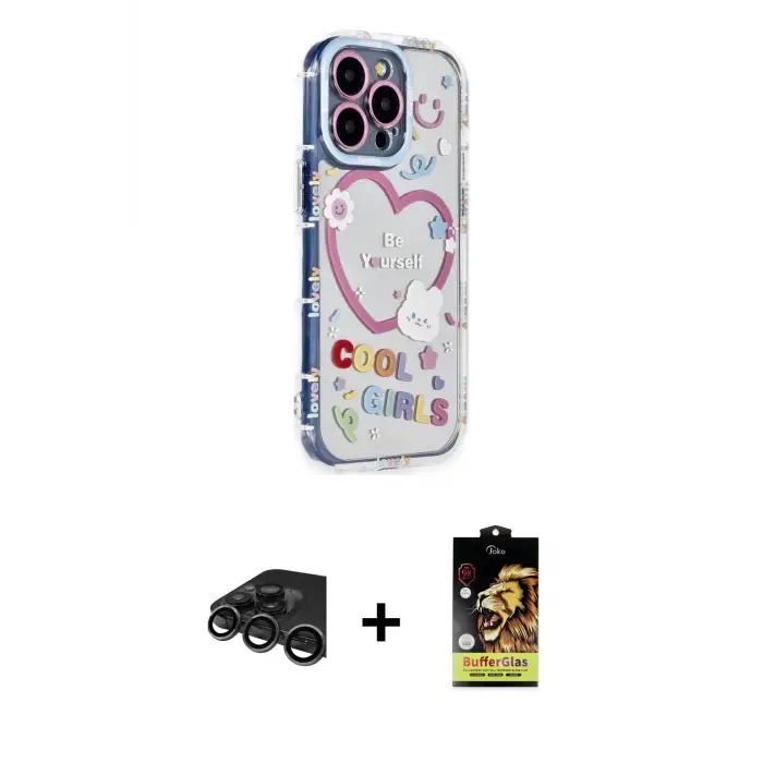 ieg™ iPhone 15 Pro Max Kılıf Ahenk Modern Serisi - Siyah Buffer Cam Ekran Koruyucu + Raze Metal Kamera Lens - TMGI