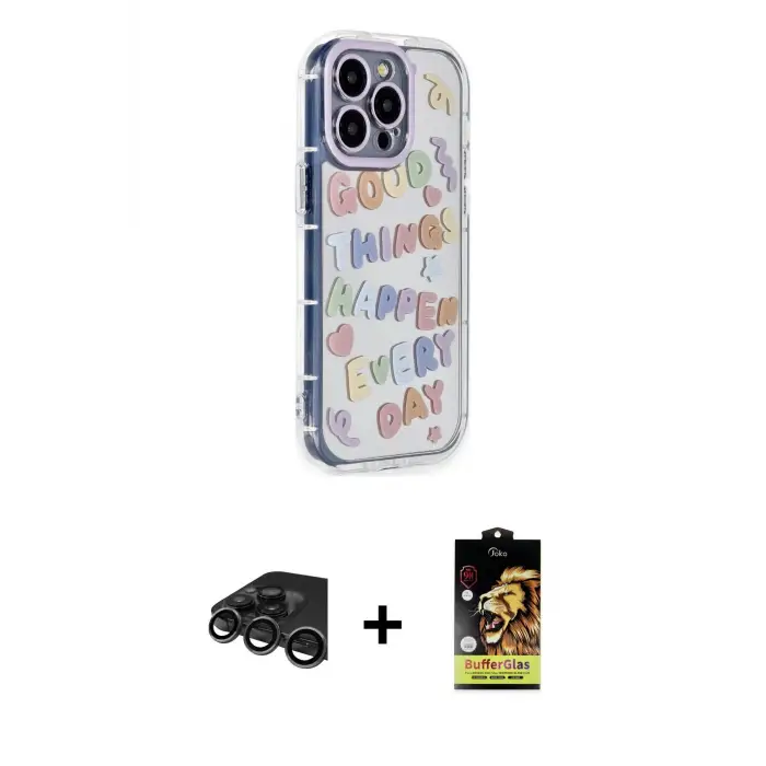 ieg™ iPhone 15 Pro Max Kılıf Ahenk Modern Serisi - Siyah Buffer Cam Ekran Koruyucu + Raze Metal Kamera Lens - TMGI