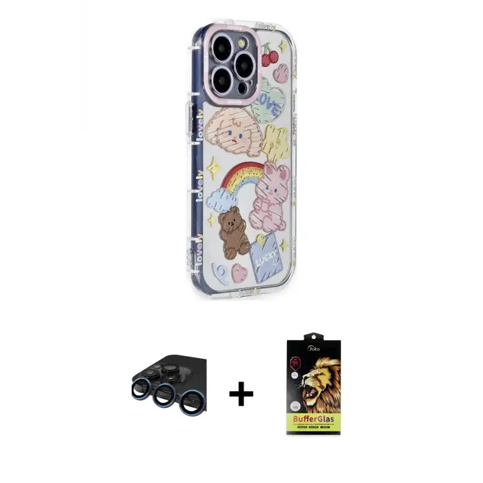 ieg™ iPhone 15 Pro Max Kılıf Ahenk Modern Serisi - Siyah Buffer Cam Ekran Koruyucu + Raze Metal Kamera Lens - LT