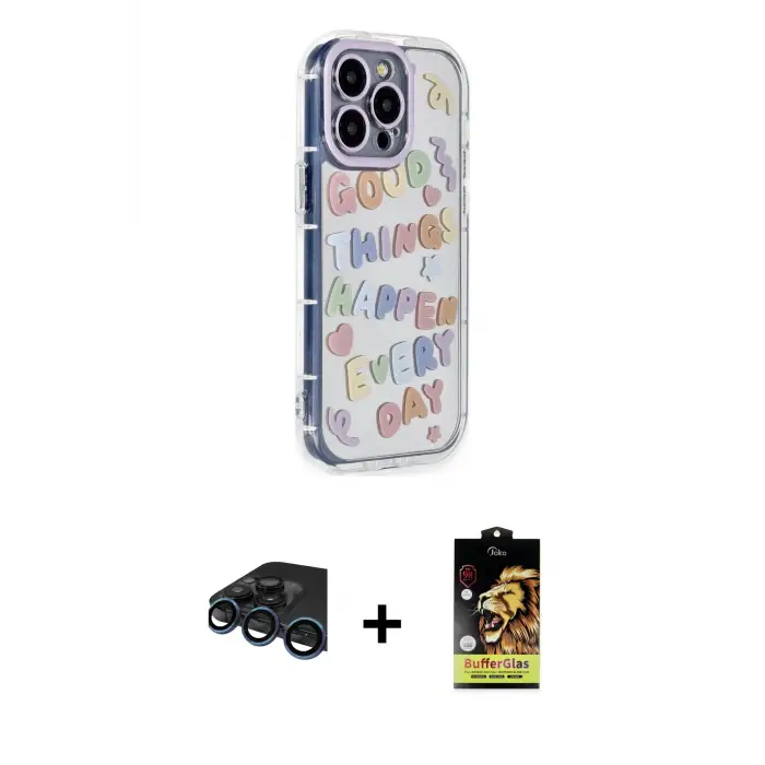 ieg™ iPhone 15 Pro Max Kılıf Ahenk Modern Serisi - Siyah Buffer Cam Ekran Koruyucu + Raze Metal Kamera Lens - LT