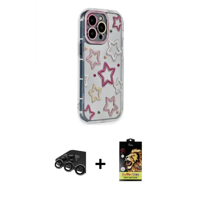 ieg™ iPhone 15 Pro Max Kılıf Ahenk Modern Serisi - Siyah Buffer Cam Ekran Koruyucu + Raze Metal Kamera Lens - TMGI