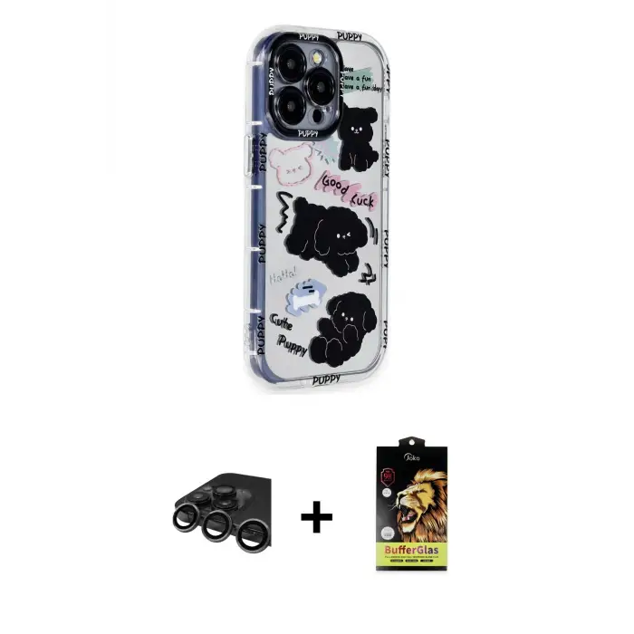 ieg™ iPhone 15 Pro Max Kılıf Ahenk Modern Serisi - Siyah Buffer Cam Ekran Koruyucu + Raze Metal Kamera Lens - TMGI