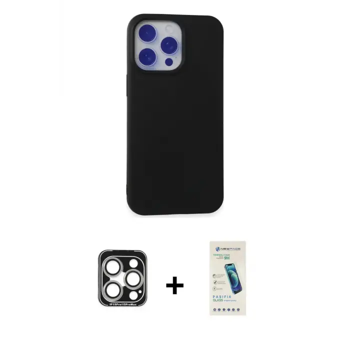ieg™ iPhone 15 Pro Max Kılıf Ahenk Serisi - Şeffaf Pasifik Cam Ekran Koruyucu + PVD Metal Kamera Lens - GS