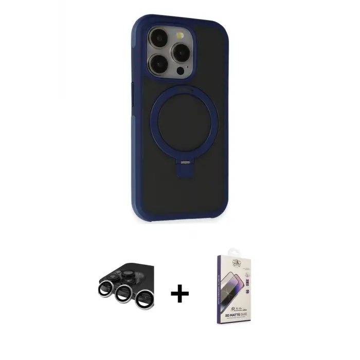 ieg™ iPhone 15 Pro Max Kılıf Ahenk Yansıma Özel Seri - Siyah Bilvis 3D Mat Cam Ekran Koruyucu + Raze Metal Kamera Lens - GS