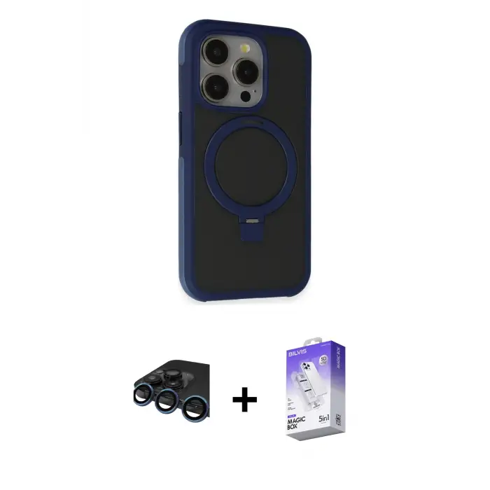ieg™ iPhone 15 Pro Max Kılıf Ahenk Yansıma Özel Seri - Siyah Bilvis 5in1 3D Magic Cam Ekran Koruyucu + Raze Metal Kamera Lens - LT