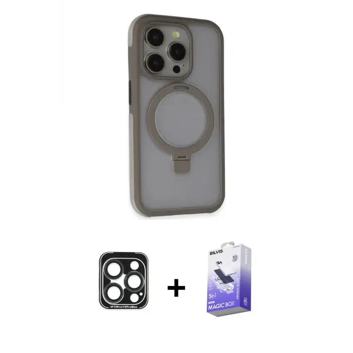 ieg™ iPhone 15 Pro Max Kılıf Ahenk Yansıma Özel Seri - Siyah Bilvis 5in1 5D Magic Hayalet Cam Ekran Koruyucu + PVD Metal Kamera Lens - LT
