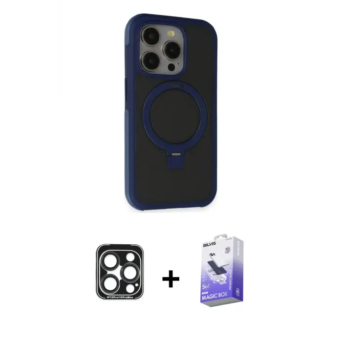 ieg™ iPhone 15 Pro Max Kılıf Ahenk Yansıma Özel Seri - Siyah Bilvis 5in1 5D Magic Hayalet Cam Ekran Koruyucu + PVD Metal Kamera Lens - LT