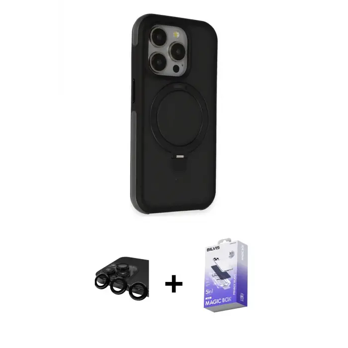 ieg™ iPhone 15 Pro Max Kılıf Ahenk Yansıma Özel Seri - Siyah Bilvis 5in1 5D Magic Hayalet Cam Ekran Koruyucu + Raze Metal Kamera Lens - SH