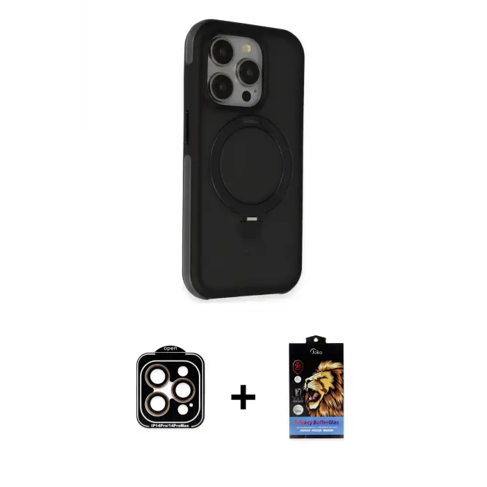 ieg™ iPhone 15 Pro Max Kılıf Ahenk Yansıma Özel Seri - Siyah Buffer Hayalet Cam Ekran Koruyucu + PVD Metal Kamera Lens - TU