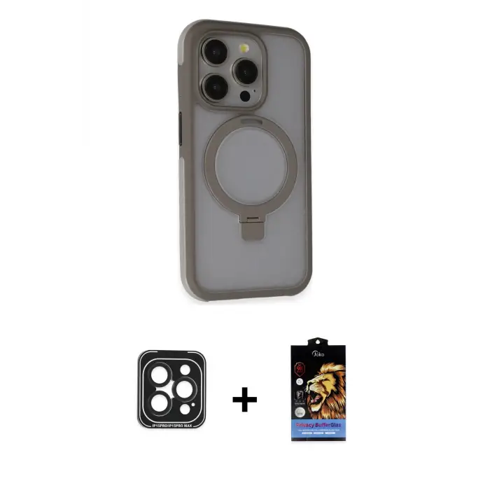 ieg™ iPhone 15 Pro Max Kılıf Ahenk Yansıma Özel Seri - Siyah Buffer Hayalet Cam Ekran Koruyucu + PVD Metal Kamera Lens - SH