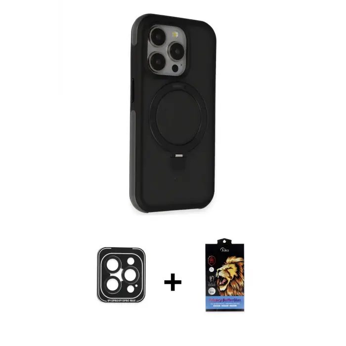 ieg™ iPhone 15 Pro Max Kılıf Ahenk Yansıma Özel Seri - Siyah Buffer Hayalet Cam Ekran Koruyucu + PVD Metal Kamera Lens - SH