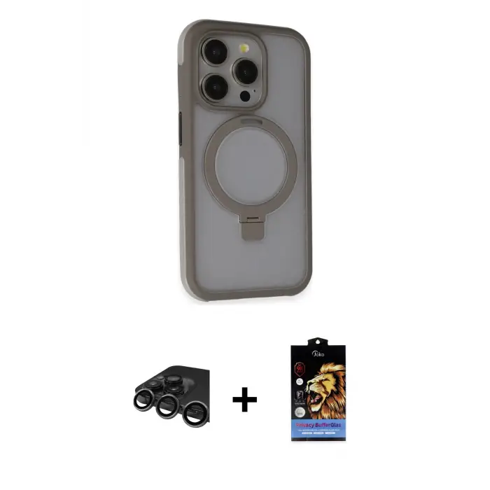 ieg™ iPhone 15 Pro Max Kılıf Ahenk Yansıma Özel Seri - Siyah Buffer Hayalet Cam Ekran Koruyucu + Raze Metal Kamera Lens - TMGI