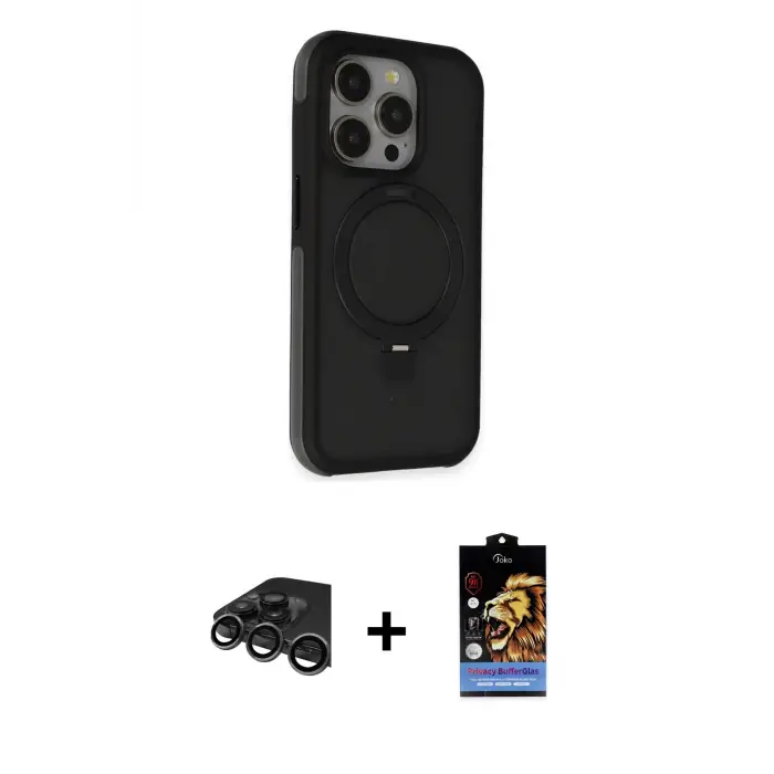 ieg™ iPhone 15 Pro Max Kılıf Ahenk Yansıma Özel Seri - Siyah Buffer Hayalet Cam Ekran Koruyucu + Raze Metal Kamera Lens - TMGI