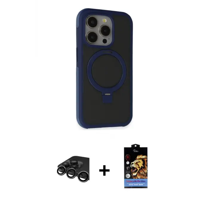 ieg™ iPhone 15 Pro Max Kılıf Ahenk Yansıma Özel Seri - Siyah Buffer Hayalet Cam Ekran Koruyucu + Raze Metal Kamera Lens - TMGI