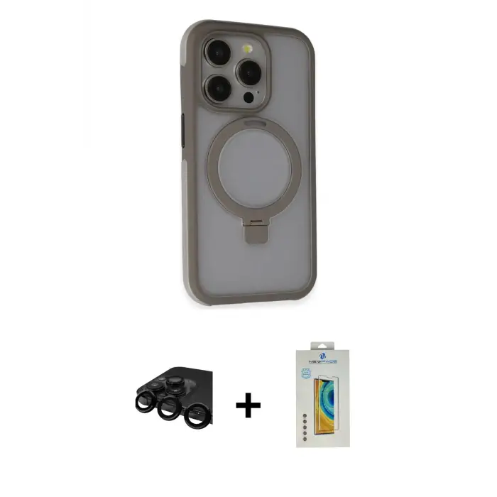 ieg™ iPhone 15 Pro Max Kılıf Ahenk Yansıma Özel Seri - Siyah Polymer Nano Ekran Koruyucu + Raze Metal Kamera Lens - SH