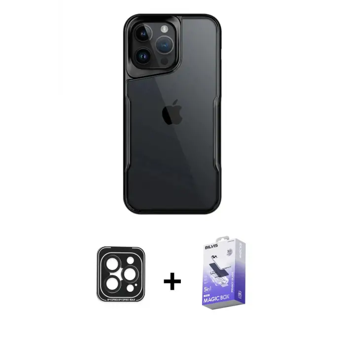ieg™ iPhone 15 Pro Max Kılıf Akış Çizgi Koleksiyonu - Siyah Bilvis 5in1 5D Magic Hayalet Cam Ekran Koruyucu + PVD Metal Kamera Lens - SH