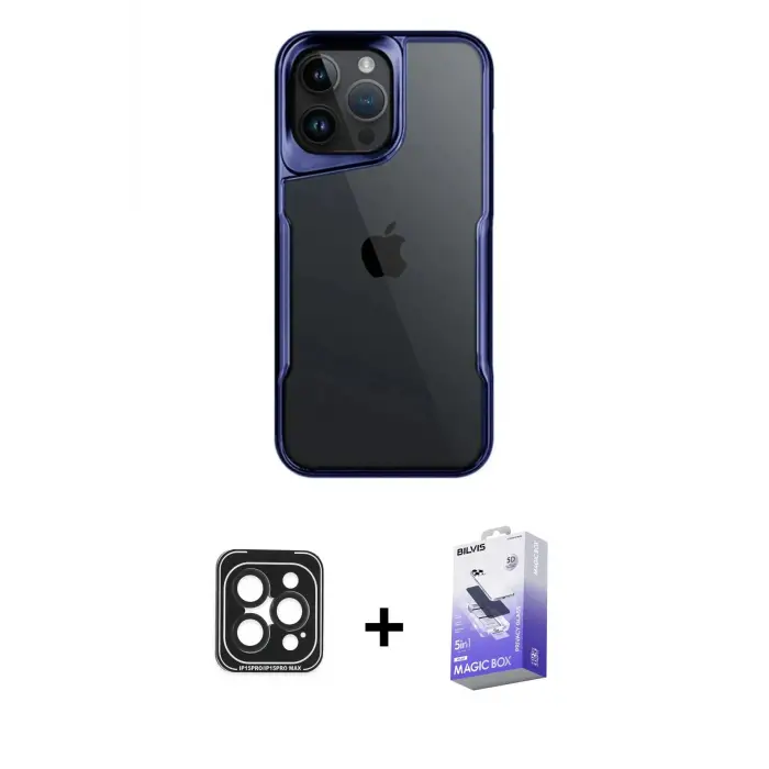 ieg™ iPhone 15 Pro Max Kılıf Akış Çizgi Koleksiyonu - Siyah Bilvis 5in1 5D Magic Hayalet Cam Ekran Koruyucu + PVD Metal Kamera Lens - SH