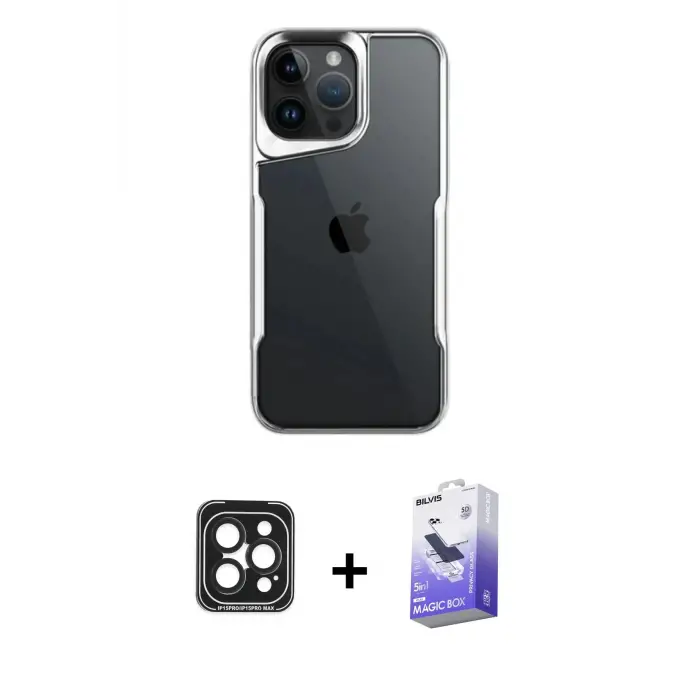 ieg™ iPhone 15 Pro Max Kılıf Akış Çizgi Koleksiyonu - Siyah Bilvis 5in1 5D Magic Hayalet Cam Ekran Koruyucu + PVD Metal Kamera Lens - SH
