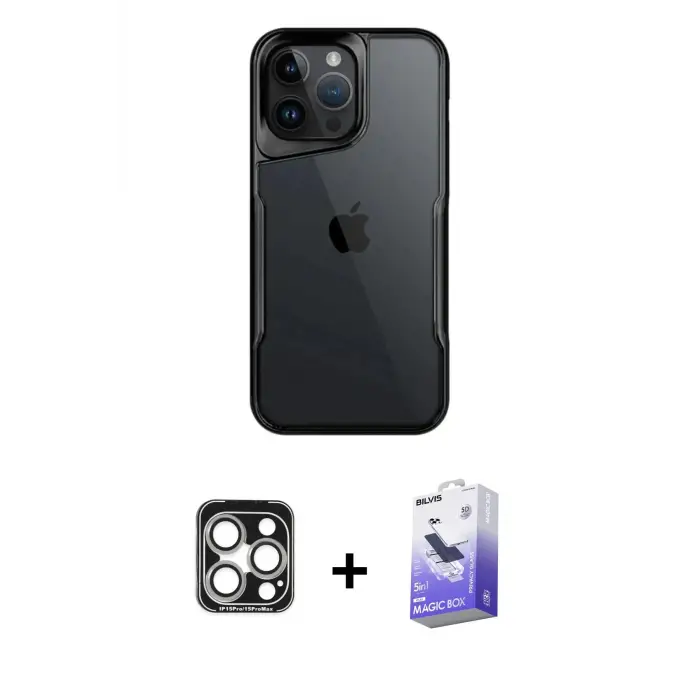 ieg™ iPhone 15 Pro Max Kılıf Akış Çizgi Koleksiyonu - Siyah Bilvis 5in1 5D Magic Hayalet Cam Ekran Koruyucu + PVD Metal Kamera Lens - GS