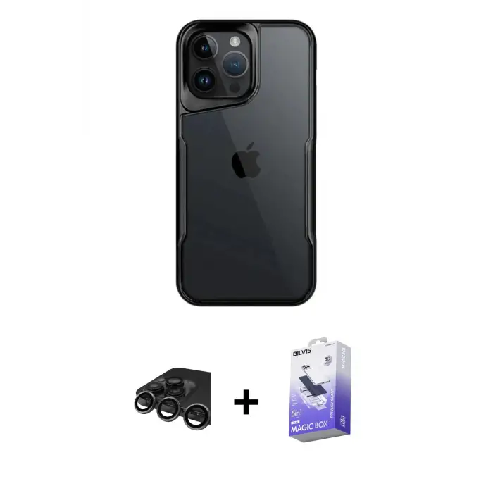 ieg™ iPhone 15 Pro Max Kılıf Akış Çizgi Koleksiyonu - Siyah Bilvis 5in1 5D Magic Hayalet Cam Ekran Koruyucu + Raze Metal Kamera Lens - TMGI
