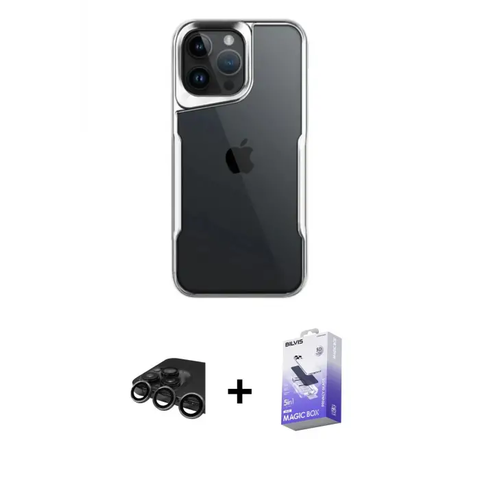 ieg™ iPhone 15 Pro Max Kılıf Akış Çizgi Koleksiyonu - Siyah Bilvis 5in1 5D Magic Hayalet Cam Ekran Koruyucu + Raze Metal Kamera Lens - TMGI