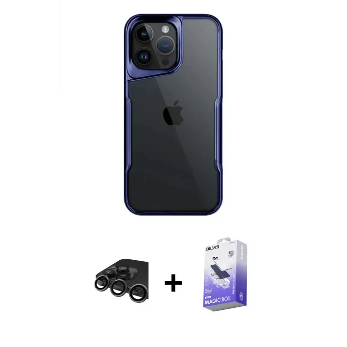 ieg™ iPhone 15 Pro Max Kılıf Akış Çizgi Koleksiyonu - Siyah Bilvis 5in1 5D Magic Hayalet Cam Ekran Koruyucu + Raze Metal Kamera Lens - TMGI