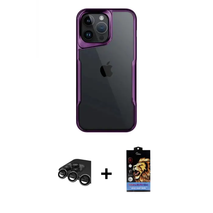 ieg™ iPhone 15 Pro Max Kılıf Akış Çizgi Koleksiyonu - Siyah Buffer Hayalet Cam Ekran Koruyucu + Raze Metal Kamera Lens - TMGI