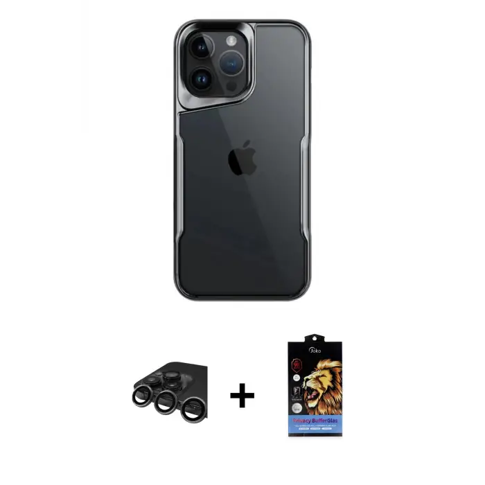 ieg™ iPhone 15 Pro Max Kılıf Akış Çizgi Koleksiyonu - Siyah Buffer Hayalet Cam Ekran Koruyucu + Raze Metal Kamera Lens - TMGI