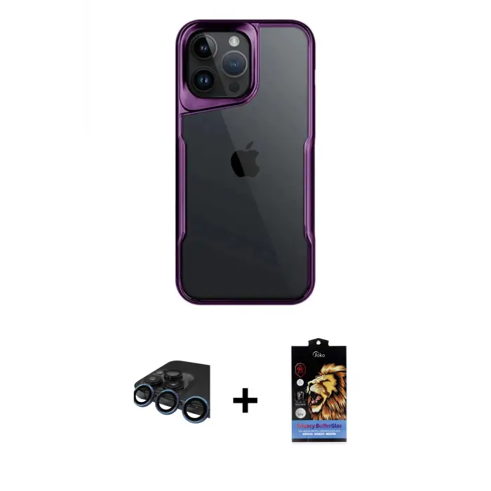 ieg™ iPhone 15 Pro Max Kılıf Akış Çizgi Koleksiyonu - Siyah Buffer Hayalet Cam Ekran Koruyucu + Raze Metal Kamera Lens - LT