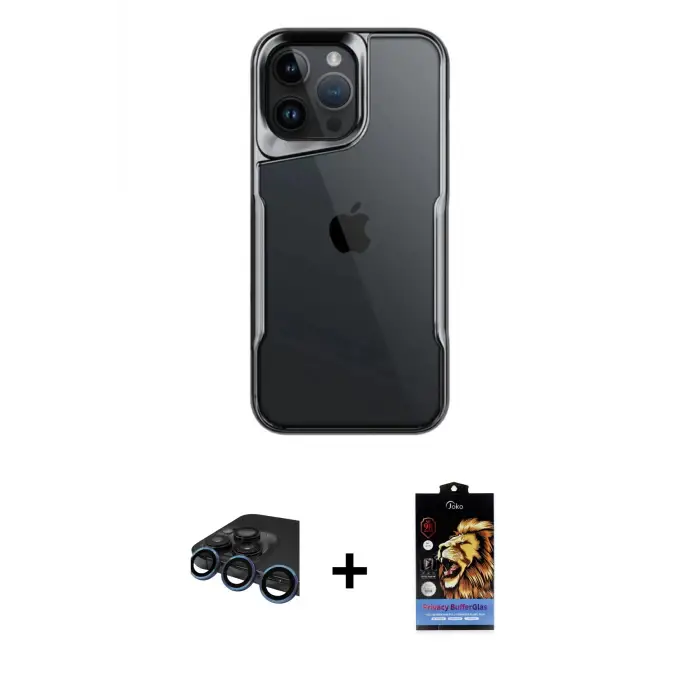 ieg™ iPhone 15 Pro Max Kılıf Akış Çizgi Koleksiyonu - Siyah Buffer Hayalet Cam Ekran Koruyucu + Raze Metal Kamera Lens - LT