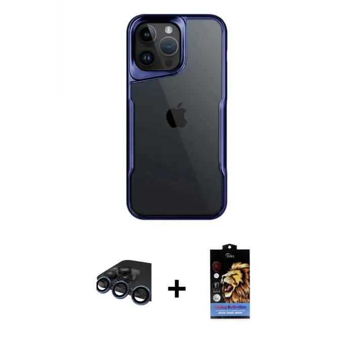ieg™ iPhone 15 Pro Max Kılıf Akış Çizgi Koleksiyonu - Siyah Buffer Hayalet Cam Ekran Koruyucu + Raze Metal Kamera Lens - LT