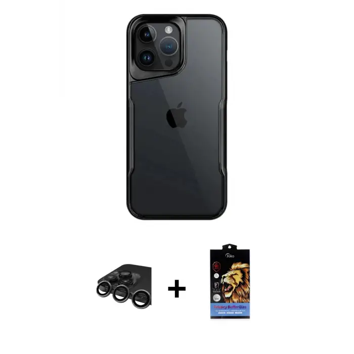ieg™ iPhone 15 Pro Max Kılıf Akış Çizgi Koleksiyonu - Siyah Buffer Hayalet Cam Ekran Koruyucu + Raze Metal Kamera Lens - TMGI
