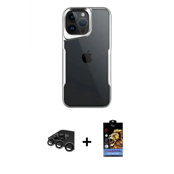 ieg™ iPhone 15 Pro Max Kılıf Akış Çizgi Koleksiyonu - Siyah Buffer Hayalet Cam Ekran Koruyucu + Raze Metal Kamera Lens - TMGI