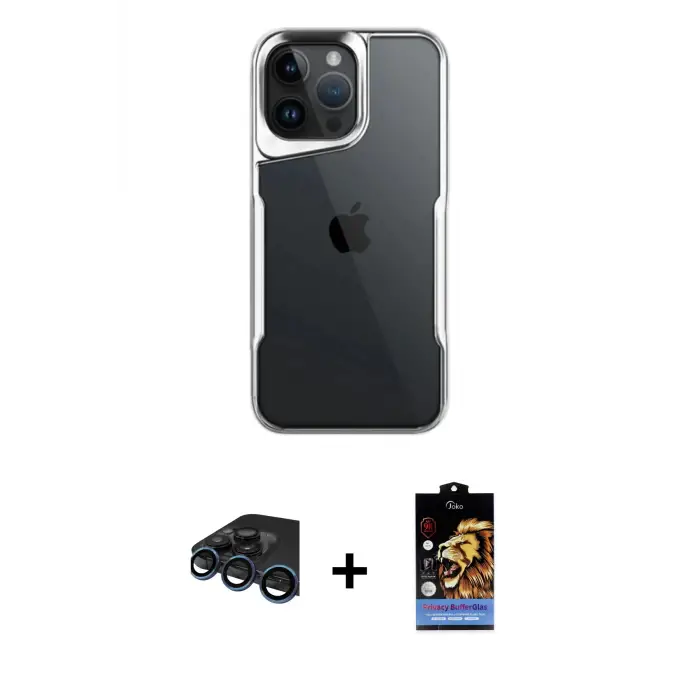 ieg™ iPhone 15 Pro Max Kılıf Akış Çizgi Koleksiyonu - Siyah Buffer Hayalet Cam Ekran Koruyucu + Raze Metal Kamera Lens - LT