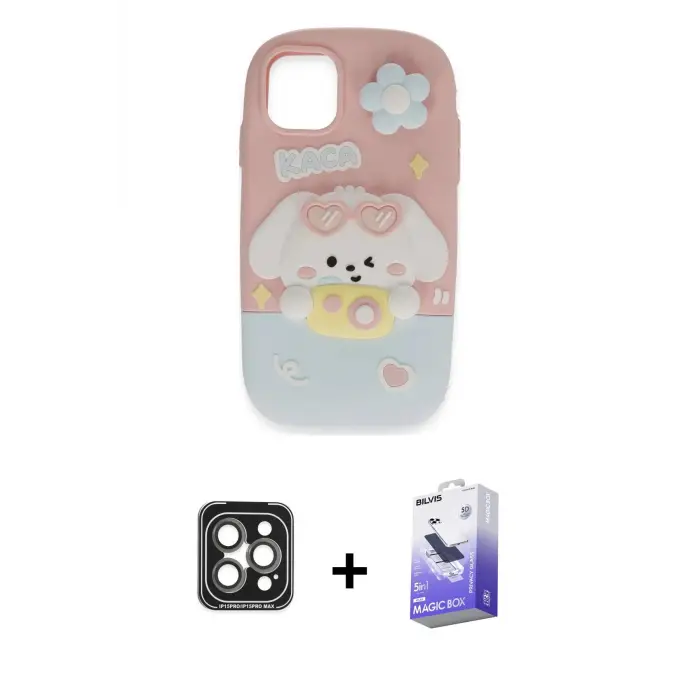 ieg™ iPhone 15 Pro Max Kılıf Akış Yansıma - Siyah Bilvis 5in1 5D Magic Hayalet Cam Ekran Koruyucu + PVD Metal Kamera Lens - GI