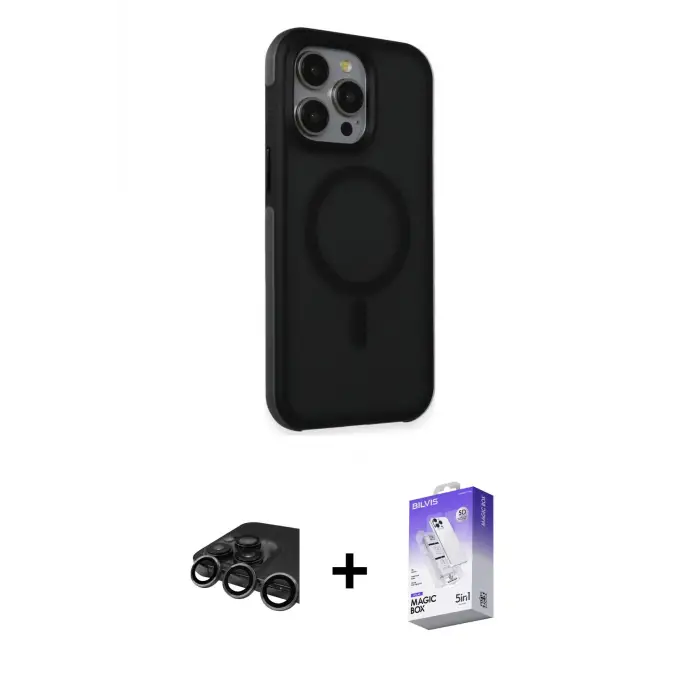ieg™ iPhone 15 Pro Max Kılıf Çekirdek Yansıma Prime - Siyah Bilvis 5in1 3D Magic Cam Ekran Koruyucu + Raze Metal Kamera Lens - TMGI