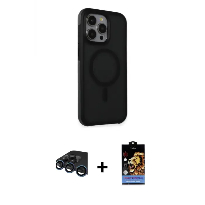 ieg™ iPhone 15 Pro Max Kılıf Çekirdek Yansıma Prime - Siyah Buffer Hayalet Cam Ekran Koruyucu + Raze Metal Kamera Lens - LT