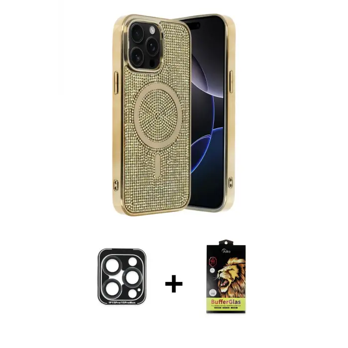 ieg™ iPhone 15 Pro Max Kılıf Eksen Çizgi - Siyah Buffer Cam Ekran Koruyucu + PVD Metal Kamera Lens - LT