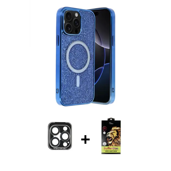 ieg™ iPhone 15 Pro Max Kılıf Eksen Çizgi - Siyah Buffer Cam Ekran Koruyucu + PVD Metal Kamera Lens - LT