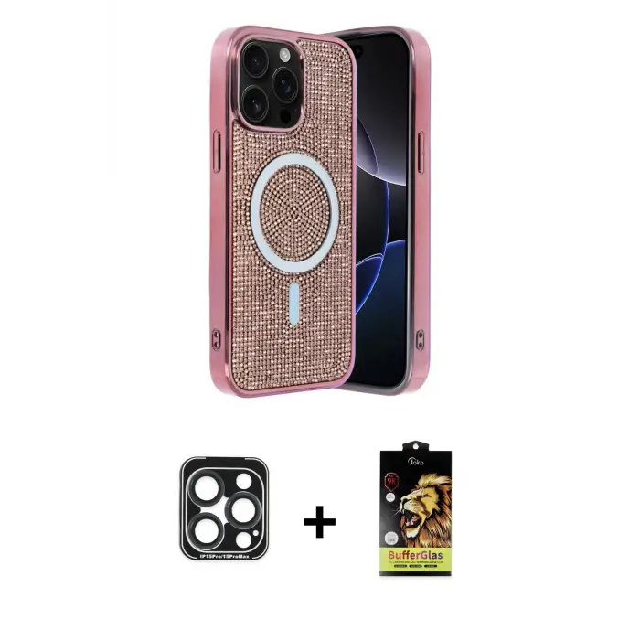 ieg™ iPhone 15 Pro Max Kılıf Eksen Çizgi - Siyah Buffer Cam Ekran Koruyucu + PVD Metal Kamera Lens - LT