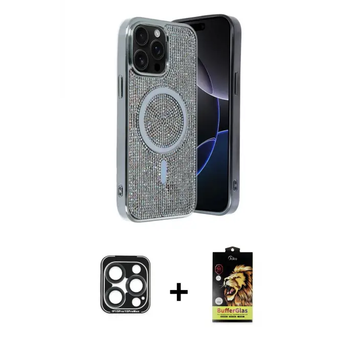 ieg™ iPhone 15 Pro Max Kılıf Eksen Çizgi - Siyah Buffer Cam Ekran Koruyucu + PVD Metal Kamera Lens - LT