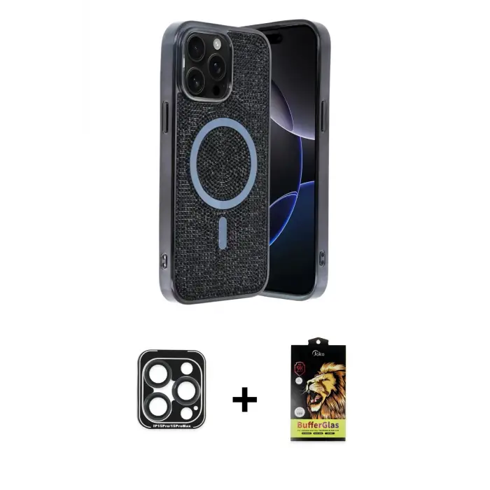ieg™ iPhone 15 Pro Max Kılıf Eksen Çizgi - Siyah Buffer Cam Ekran Koruyucu + PVD Metal Kamera Lens - LT