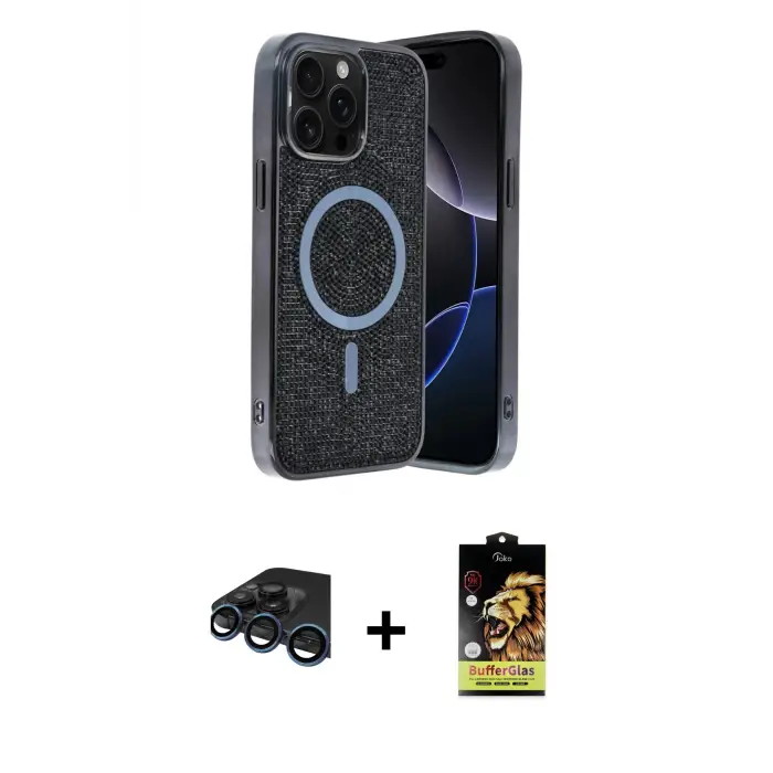 ieg™ iPhone 15 Pro Max Kılıf Eksen Çizgi - Siyah Buffer Cam Ekran Koruyucu + Raze Metal Kamera Lens - LT