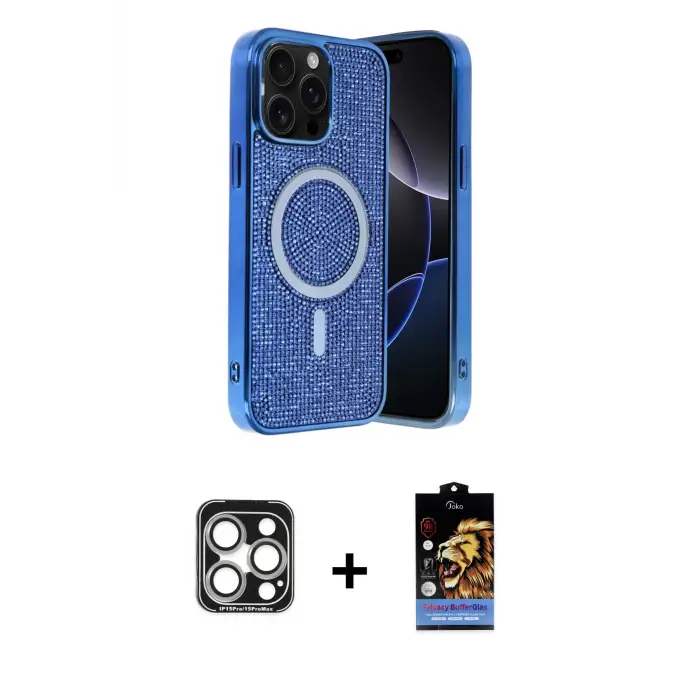 ieg™ iPhone 15 Pro Max Kılıf Eksen Çizgi - Siyah Buffer Hayalet Cam Ekran Koruyucu + PVD Metal Kamera Lens - GS