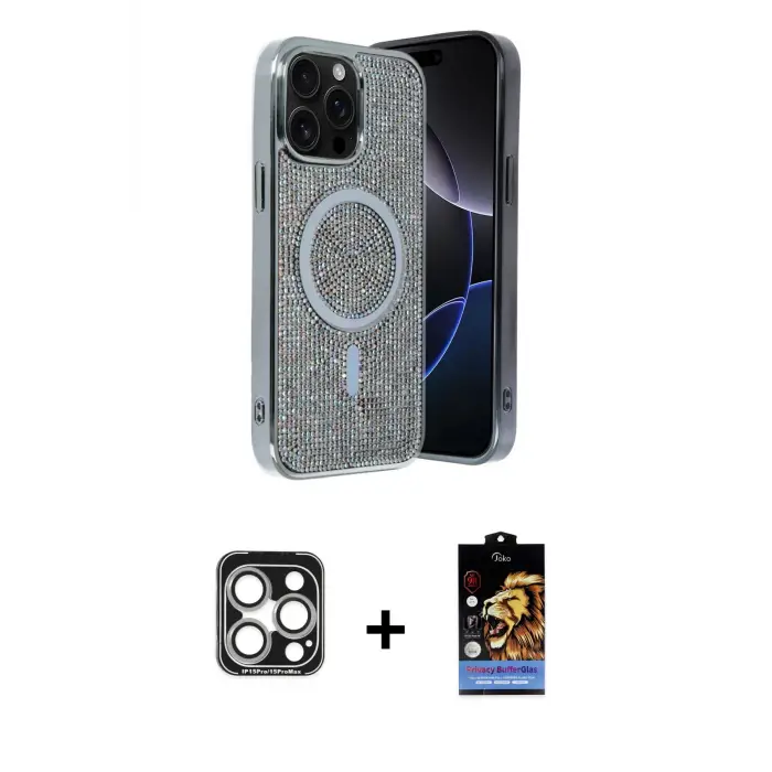ieg™ iPhone 15 Pro Max Kılıf Eksen Çizgi - Siyah Buffer Hayalet Cam Ekran Koruyucu + PVD Metal Kamera Lens - GS