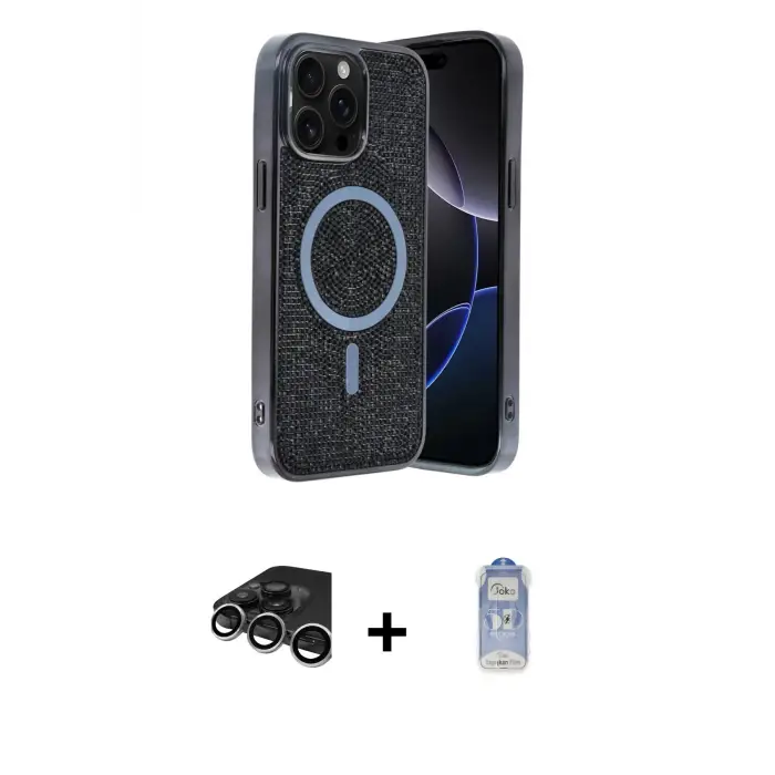 ieg™ iPhone 15 Pro Max Kılıf Eksen Çizgi - Siyah Joko Magic 5D Cam + Raze Metal Kamera Lens - GS