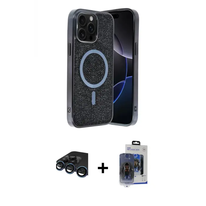 ieg™ iPhone 15 Pro Max Kılıf Eksen Çizgi - Siyah Vanessa Magic Cam + Raze Metal Kamera Lens - LT