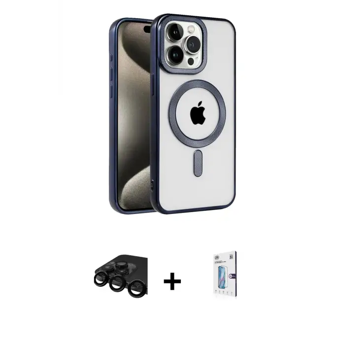 ieg™ iPhone 15 Pro Max Kılıf Eksen Form Koleksiyonu - Siyah Bilvis 0.18mm Plus Cam Ekran Koruyucu + Raze Metal Kamera Lens - SH