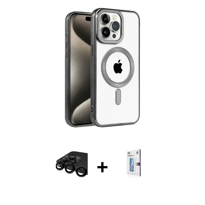 ieg™ iPhone 15 Pro Max Kılıf Eksen Form Koleksiyonu - Siyah Bilvis 0.18mm Plus Cam Ekran Koruyucu + Raze Metal Kamera Lens - SH