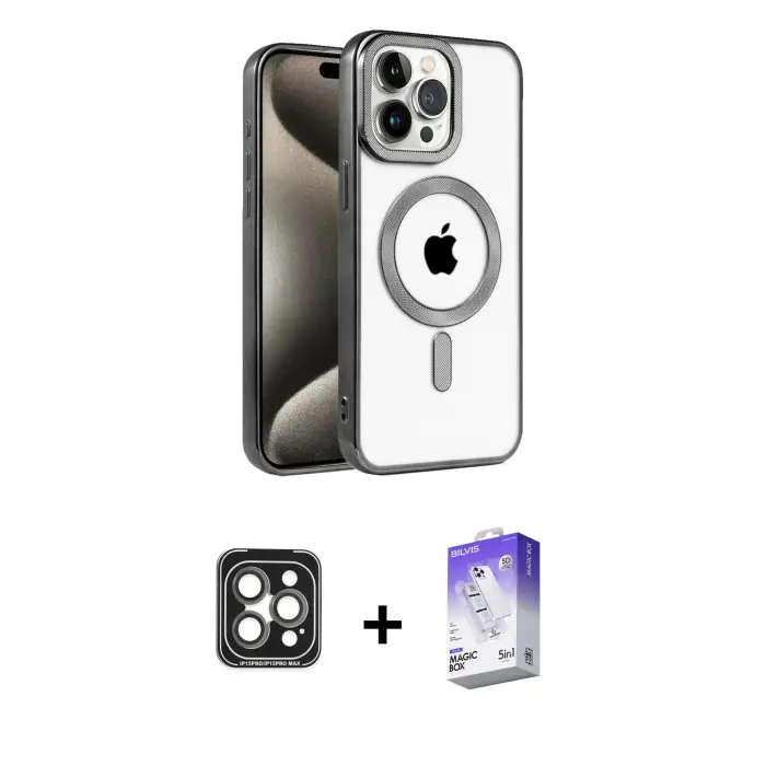 ieg™ iPhone 15 Pro Max Kılıf Eksen Form Koleksiyonu - Siyah Bilvis 5in1 3D Magic Cam Ekran Koruyucu + PVD Metal Kamera Lens - GI